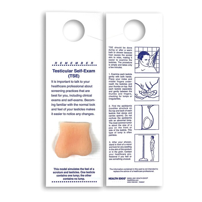 Mini-Testicle Shower Card, men's health education testicular self-exam card with beige testicle model, Health Edco, 23008