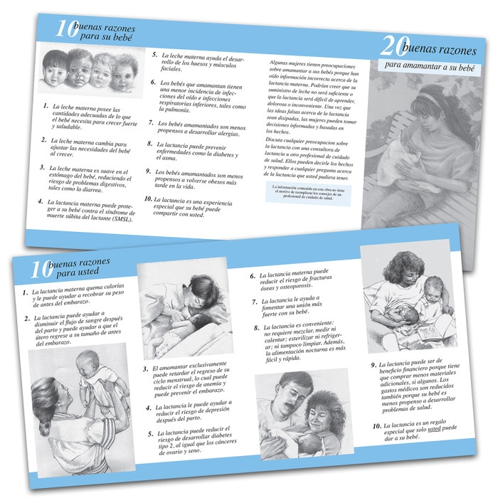 20 great reasons to breastfeed 2-color illustrated pamphlet in Spanish inside and outside image shown, encourage new moms to breastfeed, Childbirth Graphics, 38546