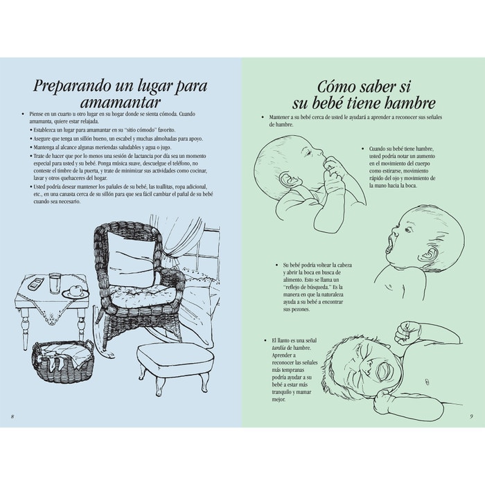 Breastfeeding Basics 16-page illustrated booklet center spread image shown Spanish, setting up a breastfeeding station, how to tell when your baby is hungry, Childbirth Graphics, 38603