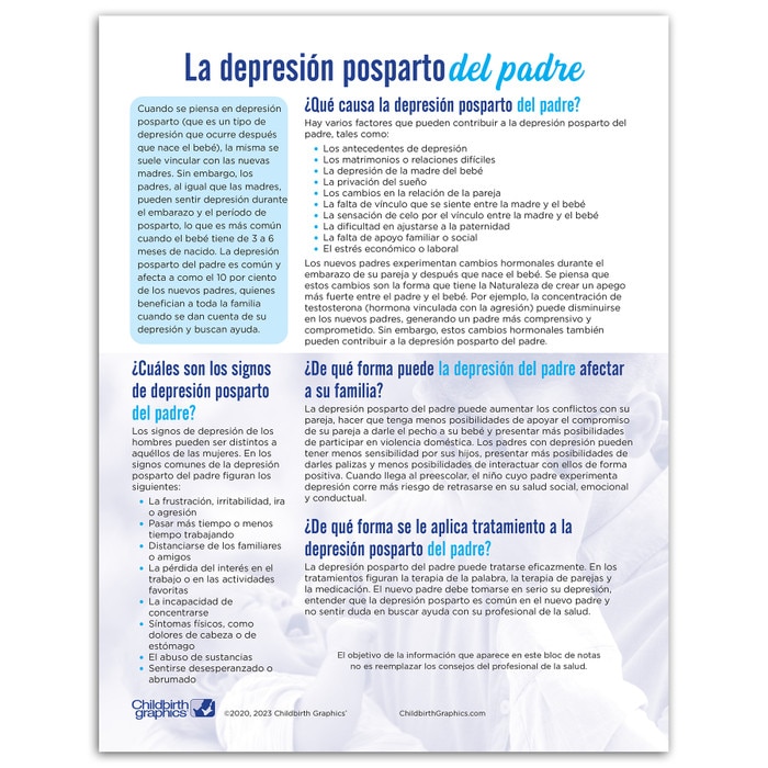 Postpartum Depression in Fathers Tear Pad from Childbirth Graphics, Spanish side handout to educate new dads, 52083