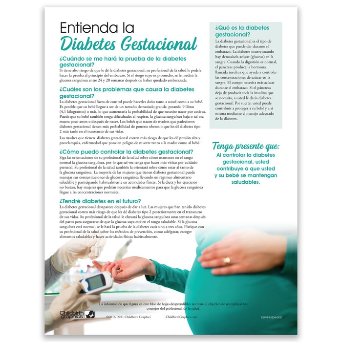 Understanding Gestational Diabetes Tear Pad, Childbirth Graphics pregnancy education teaching resource, Spanish side, 52498