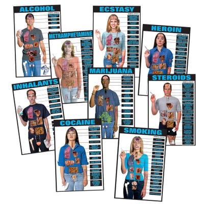 Substance Abuse Chart Set, nine laminated charts showing physical harms of various substances of abuse, Health Edco, 70905