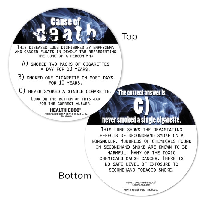 Cause of Death: Secondhand Smoke Display, health education tobacco education anti-smoking display labels, Health Edco, 78748