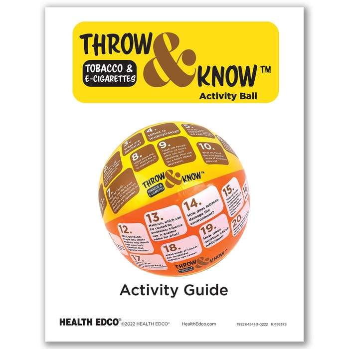 Tobacco and E-Cigarettes Throw & Know Activity Ball, color activity guide showing inflatable question ball, Health Edco 78828