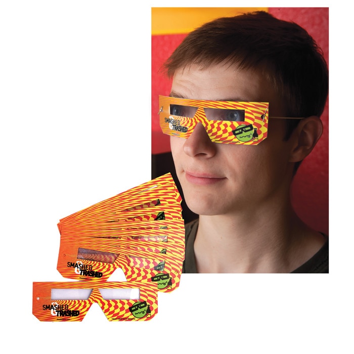 Student wearing Smashed & Trashed Disposable Glasses, alcohol intoxication education materials, 78963