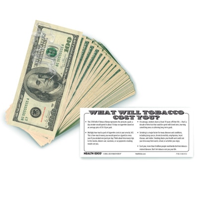 Tobacco Money, stack of 135 facsimile $100 bills to teach about smoking, health education materials, Health Edco, 79106