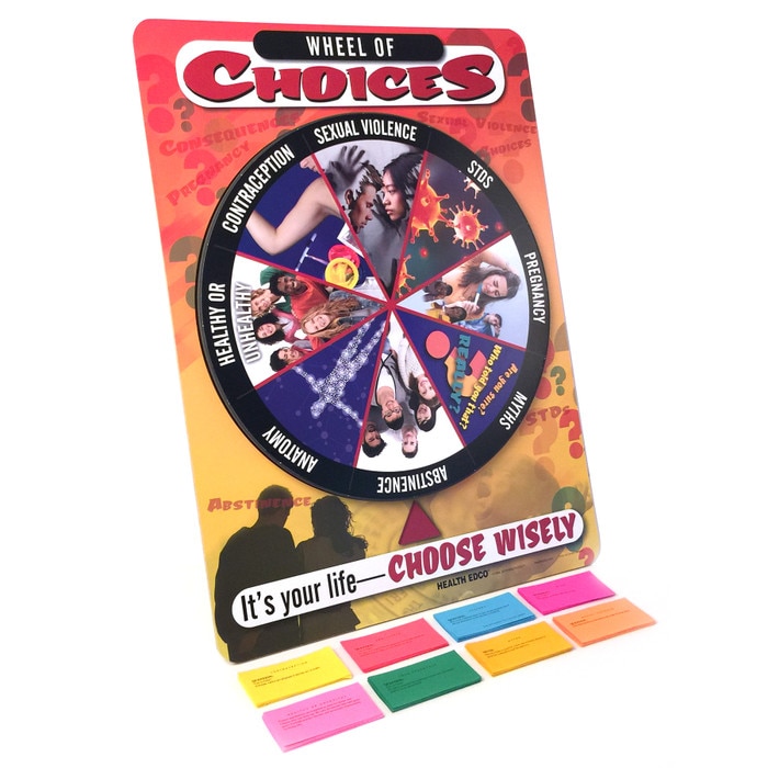 Wheel of Choices Game for sex education from Health Edco with a spinning teaching category wheel and question cards, 79122