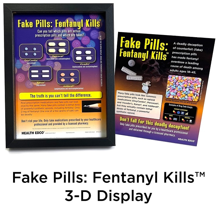 Fake Pills: Fentanyl Kills 3-D Display for drug education from Health Edco