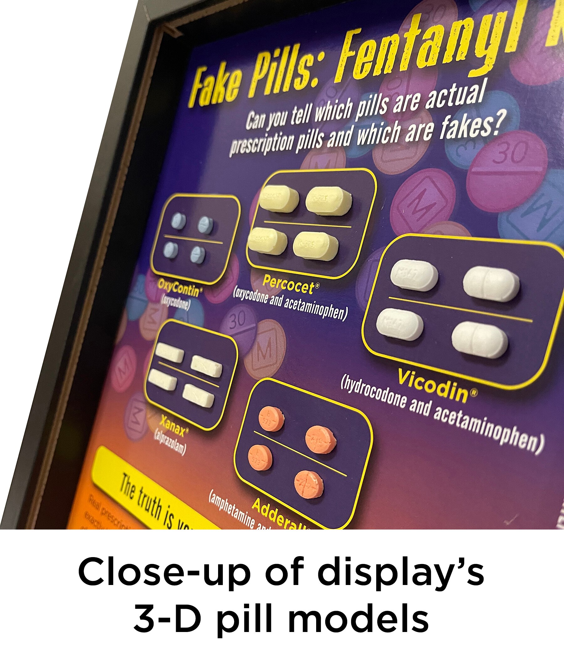Fake Pills: Fentanyl Kills 3-D Display from Health Edco, drug education display side view, 78062